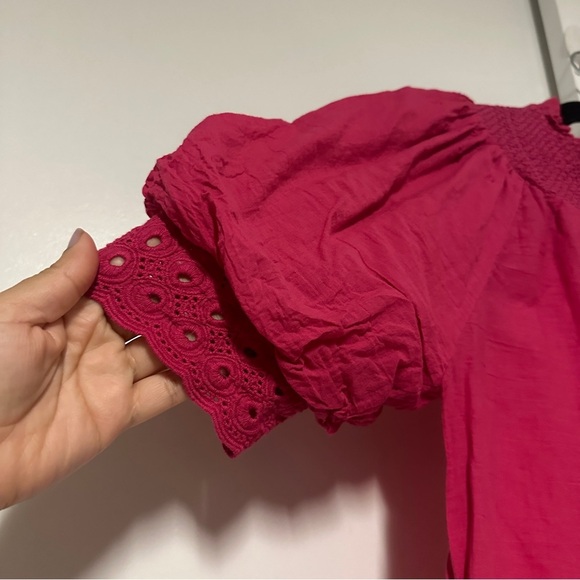 House of Harlow 1960 Puff Sleeve Smocked Eyelet Blouse Pink Small - Picture 4 of 7